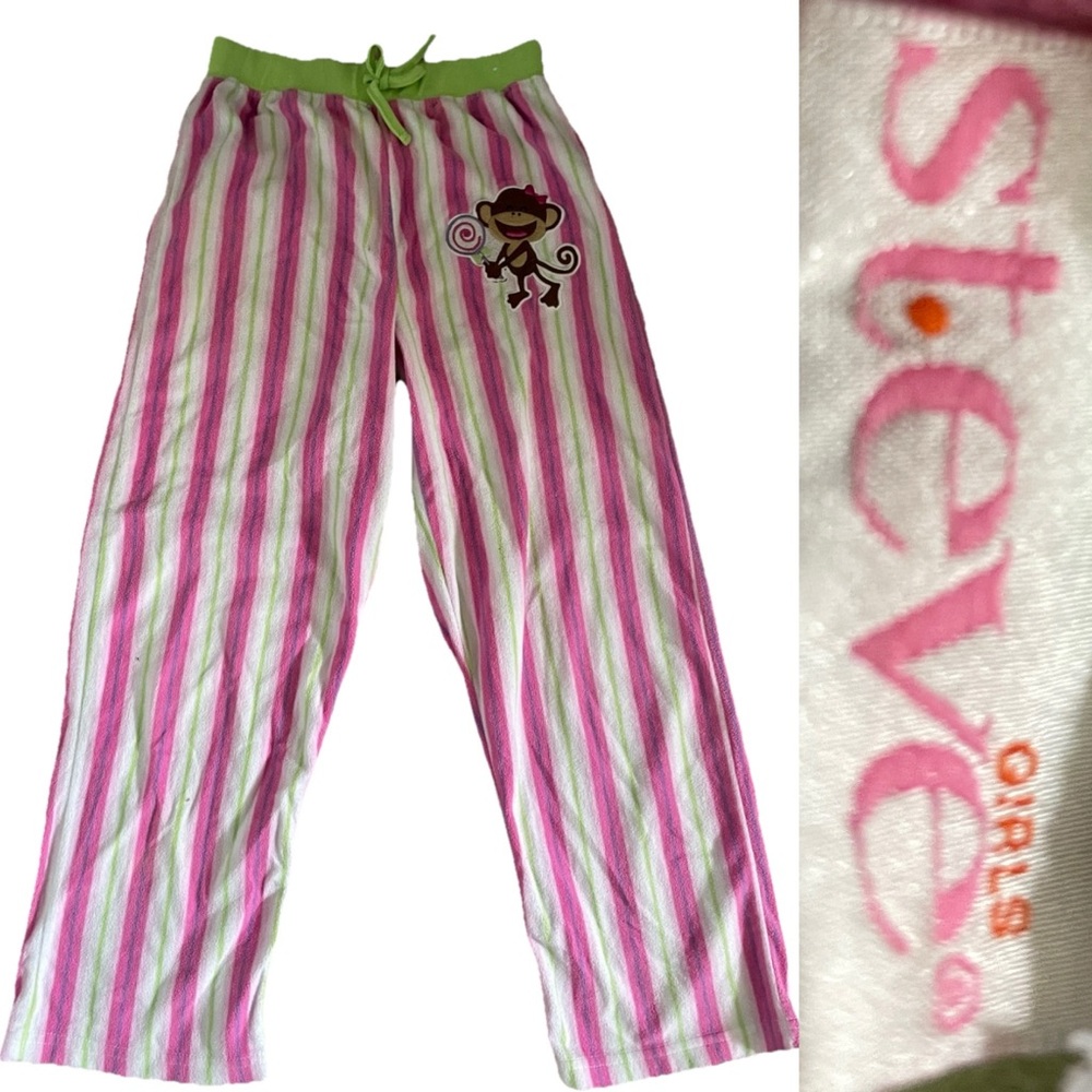 STEVE Girls VINTAGE Y2K Cozy Striped FLANNELETTE Monkey Theme PJ PANTS Size L
